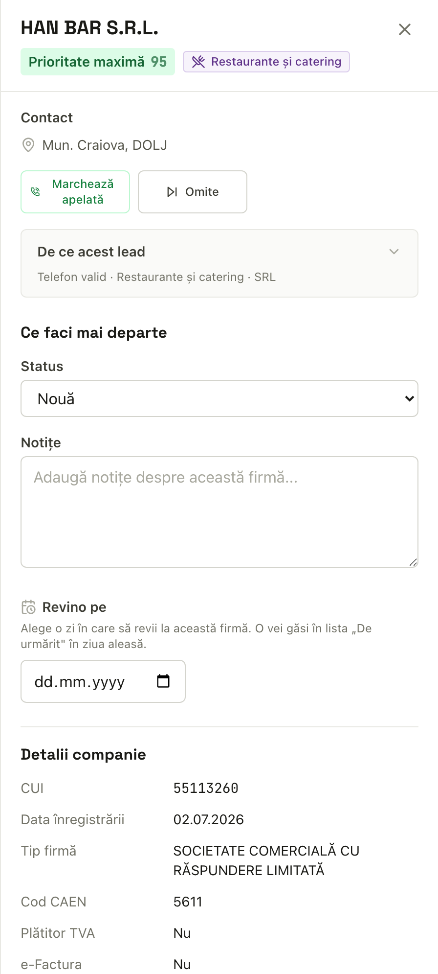 Panoul de detalii al unei firme în FirmeAzi, cu CUI, cod CAEN, adresă și status